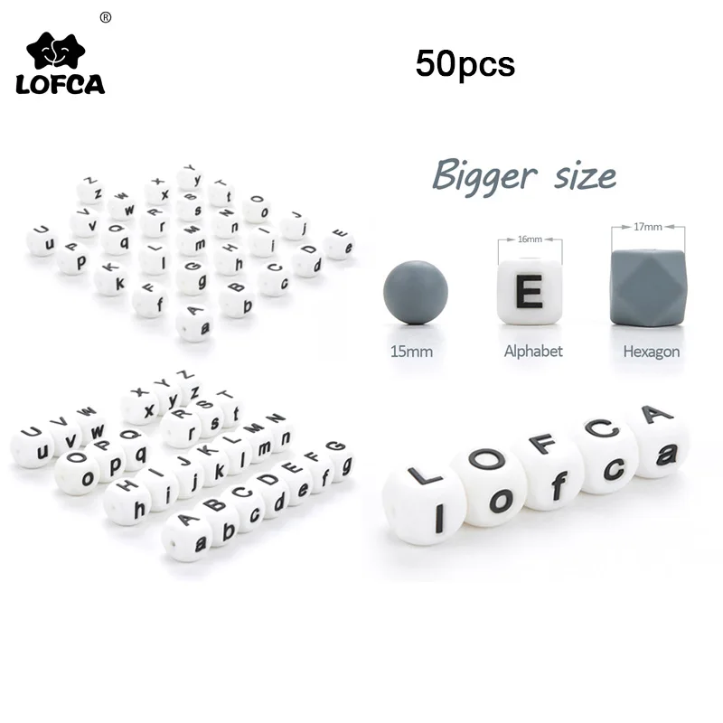 LOFCA-Cuentas de silicona para mordedores de beb&eacute;, abalorios sueltos sin BPA, letras de grado alimenticio, alfabeto, para nombre personalizado, DIY, 50 Uds.-0