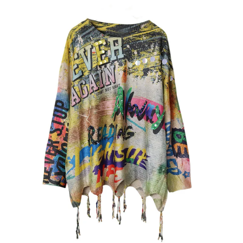 

Kalenmos Retro Fashion Long-sleeved T-shirt Women's Round Neck Letter Printing Sequins Tassel Bronzing Mid-length Knitted Tshirt