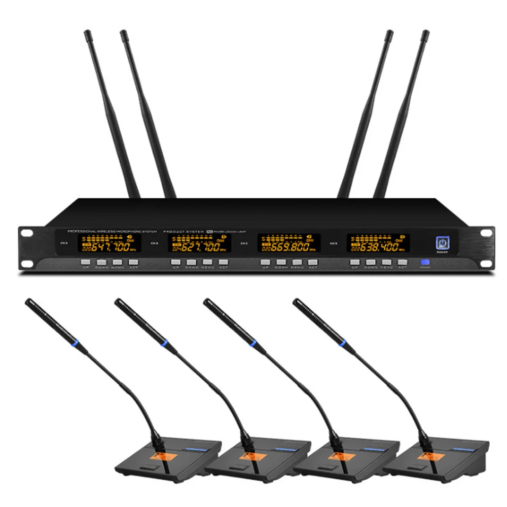 4 канальная UHF Беспроводная микрофонная система с Конференц микрофонами для