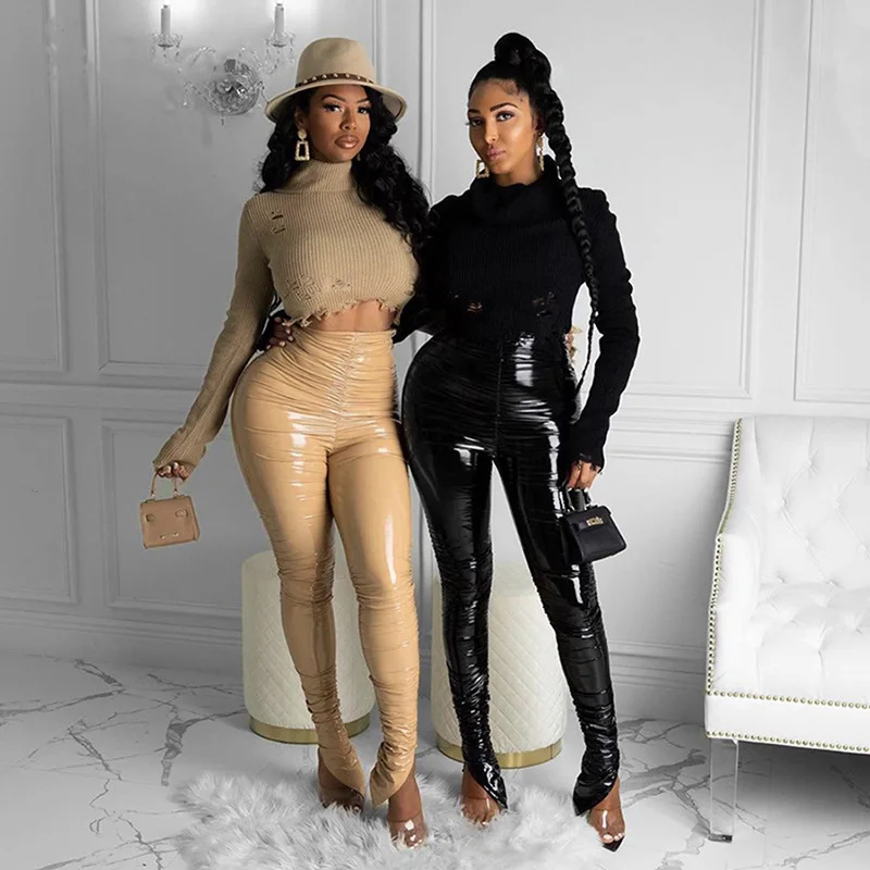 

Autumn 2020 Faux Pu Leather Stacked Skinny Pencil Pants Women Solid Streetwear High Waist Side Split Hem Trouser Female