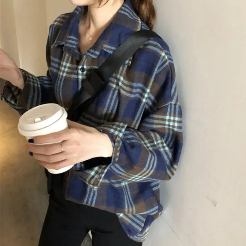 Блузка XFPV Женская в клетку шикарная свободная однобортная рубашка с длинным
