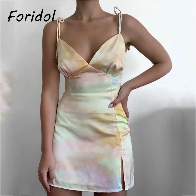 

Foridol Tie-dyed Satin Party Dress Women Strap Lace Up Side Slit Short Summer Dress Sleeveless Beach Boho Rainbow Sundress 2021