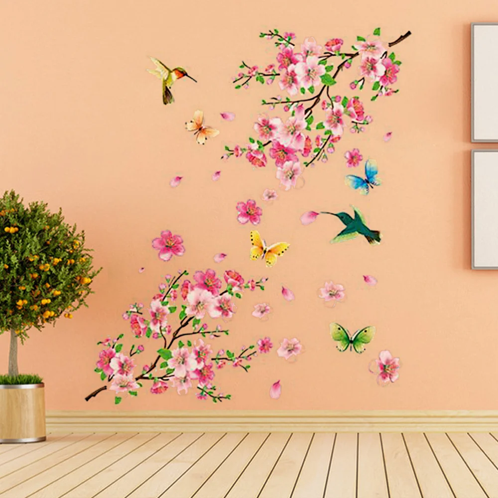 

Large Elegant Flower Wall Stickers Graceful Peach Blossom Birds Stickers Furnishings Romantic Living Room Decorations 60x90cm