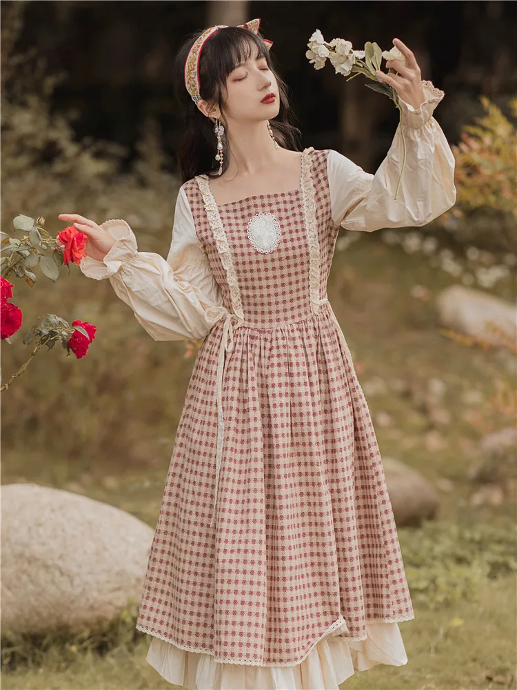 Винтажное платье в клетку китайском стиле женское с квадратным вырезом и