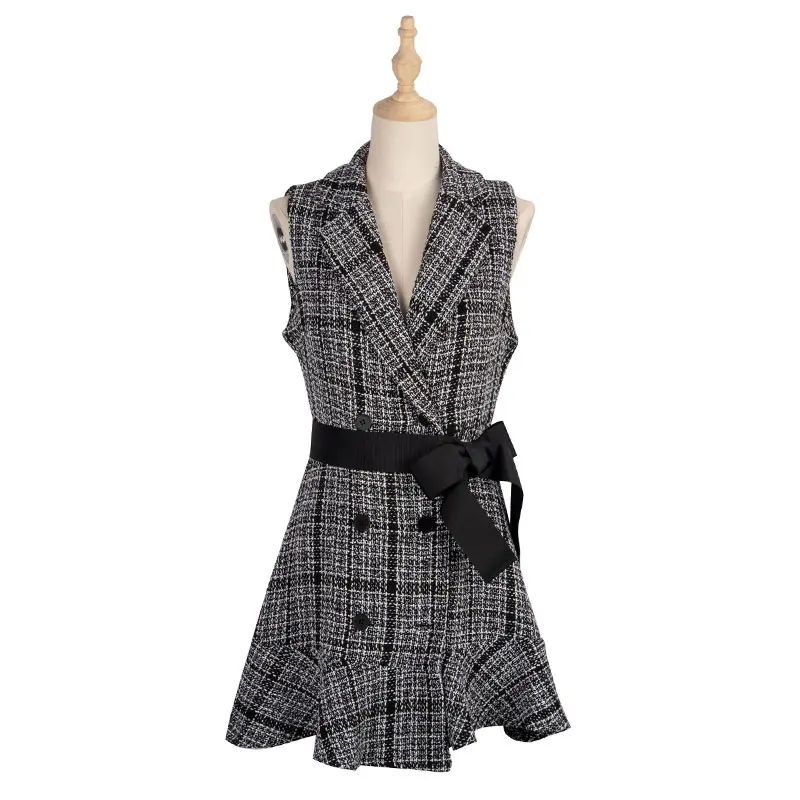 

New Autumn Winter Sashes Slim Plaid Dress Women Casual Notched Collar Ruffles Above Knee Sleeveless Dress 2021