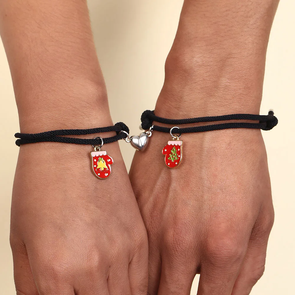 

Cartoon Christmas Gloves Couple Magnetic Elastic Rope Couple Bracelets For Womens Bracelets Party Christmas Gift Jewelry Set