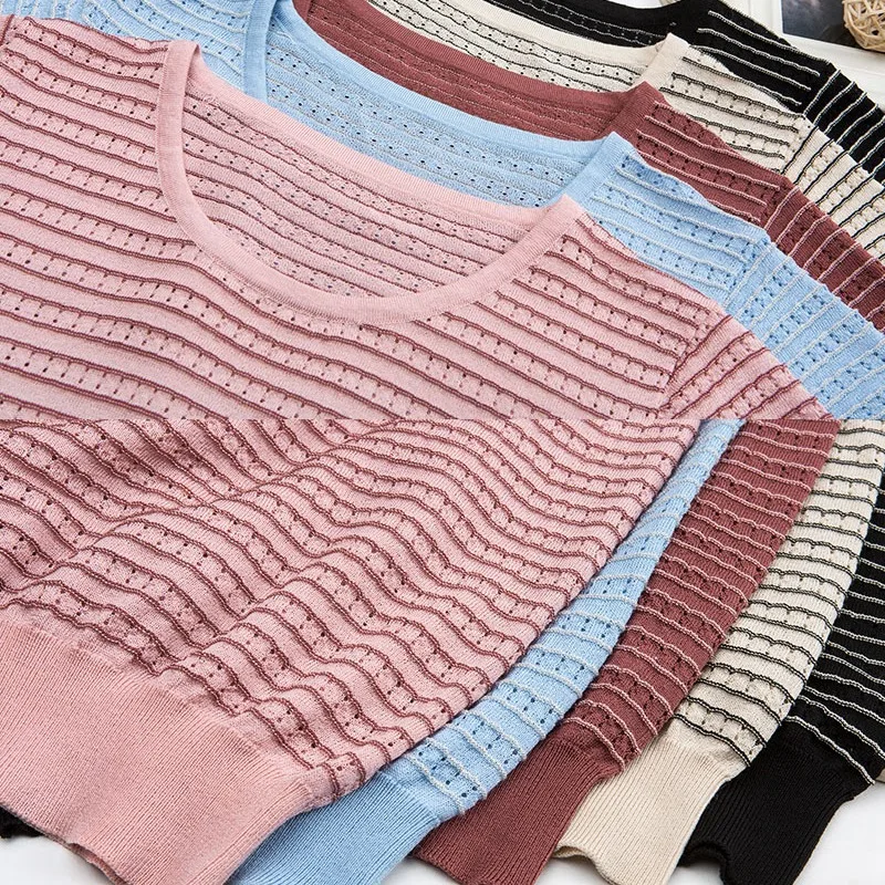 

5 Colors Women's 2021 New Korean Fashion O-ncek Ice Silk Knitted T-shirt Casual Female Striped Short Sleeve Loose Thin Tops
