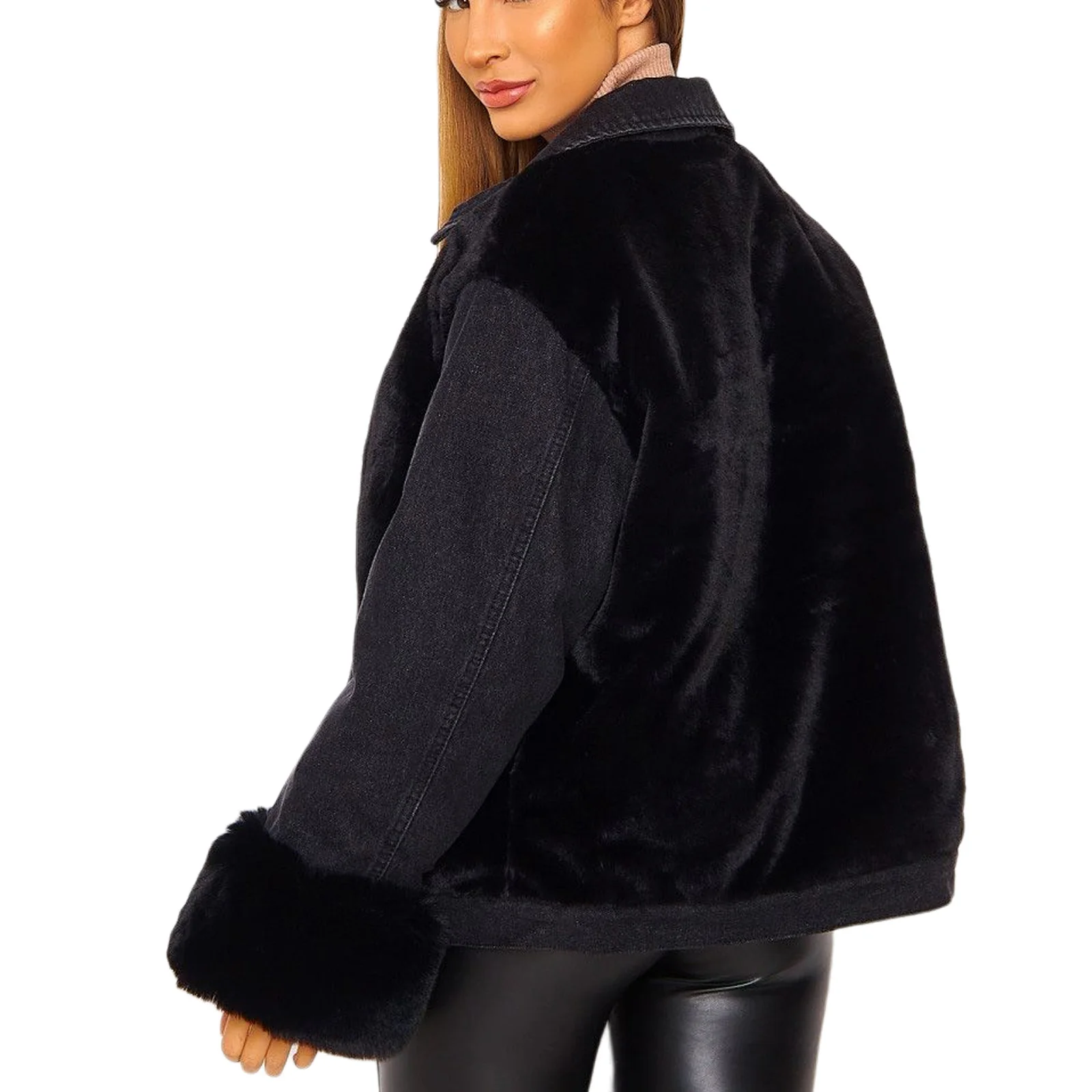 

2020 Winter Women Plush Denim Jacket Fashion Fleece Patchwork Loose Long Sleeve Lapel Coat Female Streetwear Warm Outwear