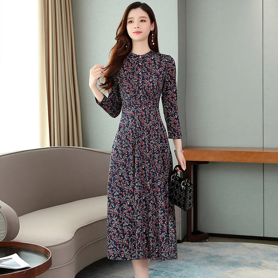 

2021 Vintage Floral Cotton Midi Dresses SpringWinter 4XL Plus Size Print Long Sleeve Dress Elegant Women Bodycon Party Vestidos