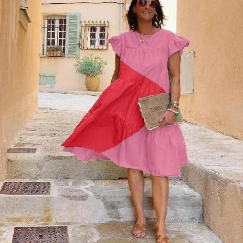 Летнее женское милое свободное платье с круглым вырезом и коротким рукавом