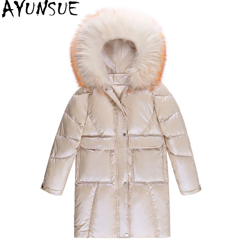 

Женский пуховик на утином пуху AYUNSUE, зимний пуховик с капюшоном и воротником из натурального меха енота, 90% утиного пуха, Mujeres Abrigos, TN237