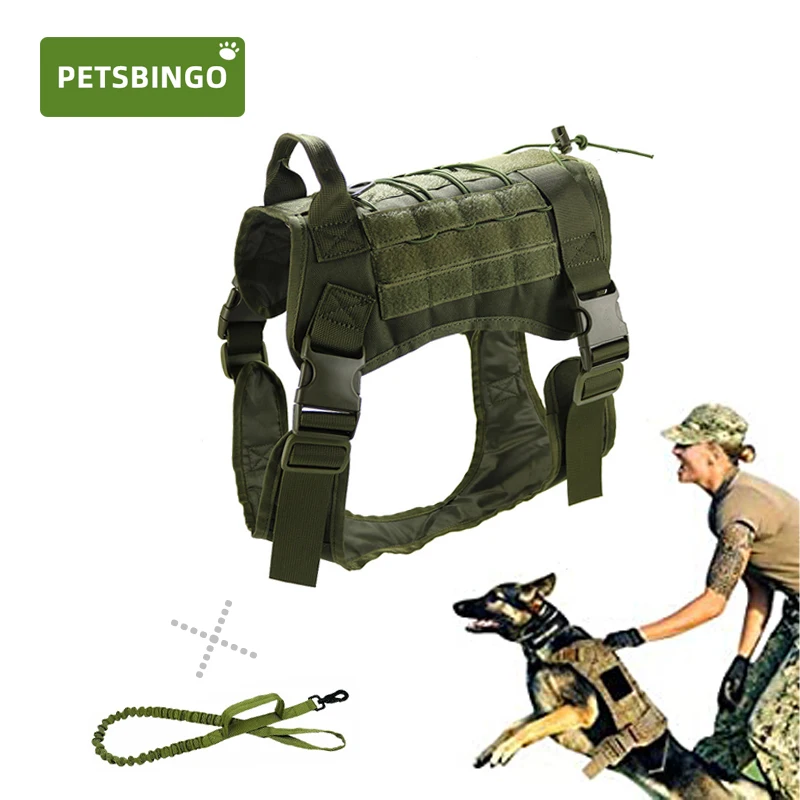 

PETSBINGO Tactical Dog Harness with Leash Adjustable Training Vest with 2 Control Handle Bungee Dog Leash for Medium Large Dogs