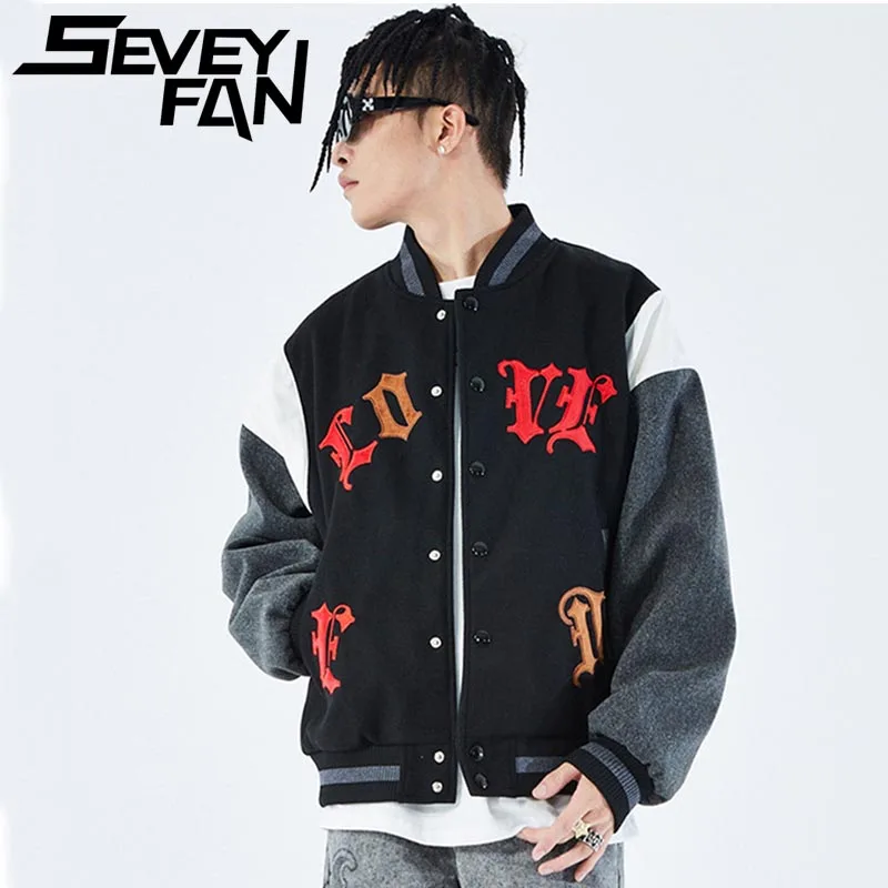 

Куртка SEVEYFAN с надписью Love и вышивкой, Мужская Уличная свободная модная бейсбольная форма в стиле хип-хоп