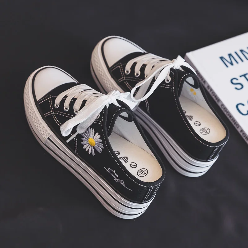

2020 Summer New 8.0cm Heel Platform Elevator Canvas Shoes Women Slipper Daisy White Shoes All-match High Heel Cloth Casual Shoes