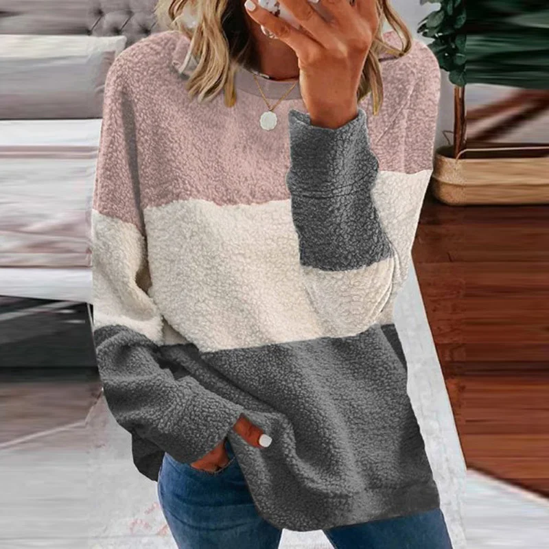 

Elegant Autumn Striped Patchwork Fleece Hoodies Fashion Women Long Sleeve Pullover Tops Casual O Neck Warm Oversized Sweatshirts