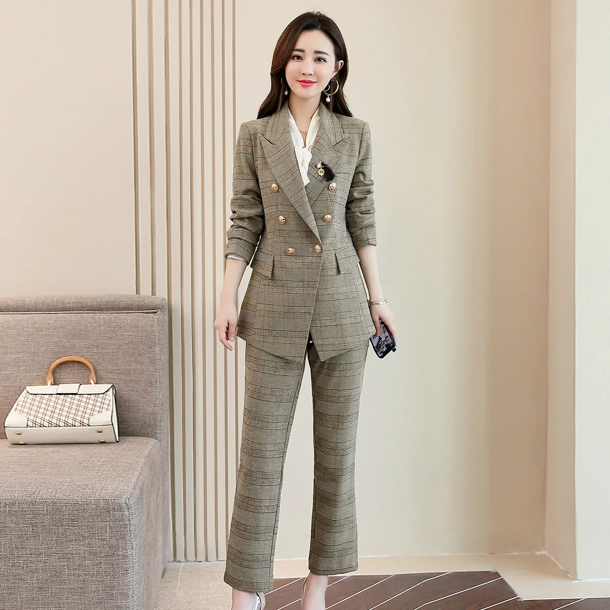 Профессиональная одежда женский костюм осенний двубортный костюм, пиджак в клетку женский тонкий брючный костюм рабочая одежда из двух частей