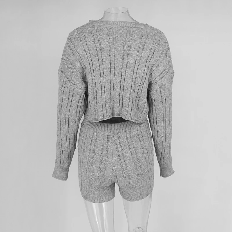Fuedage Knitting Striped Two Piece Set Sweater Autumn O Neck Top And Short Pant Solid Long Sleeve 2 Piece Set Women Outfits