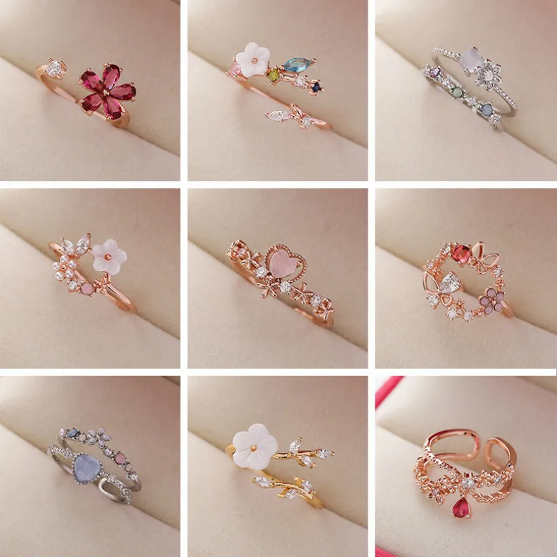 

Exquisite Crystal Flower Ring Korean Fashion Temperament Flower Lady Love Open Ring Sweet Romantic Engagement Jewelry