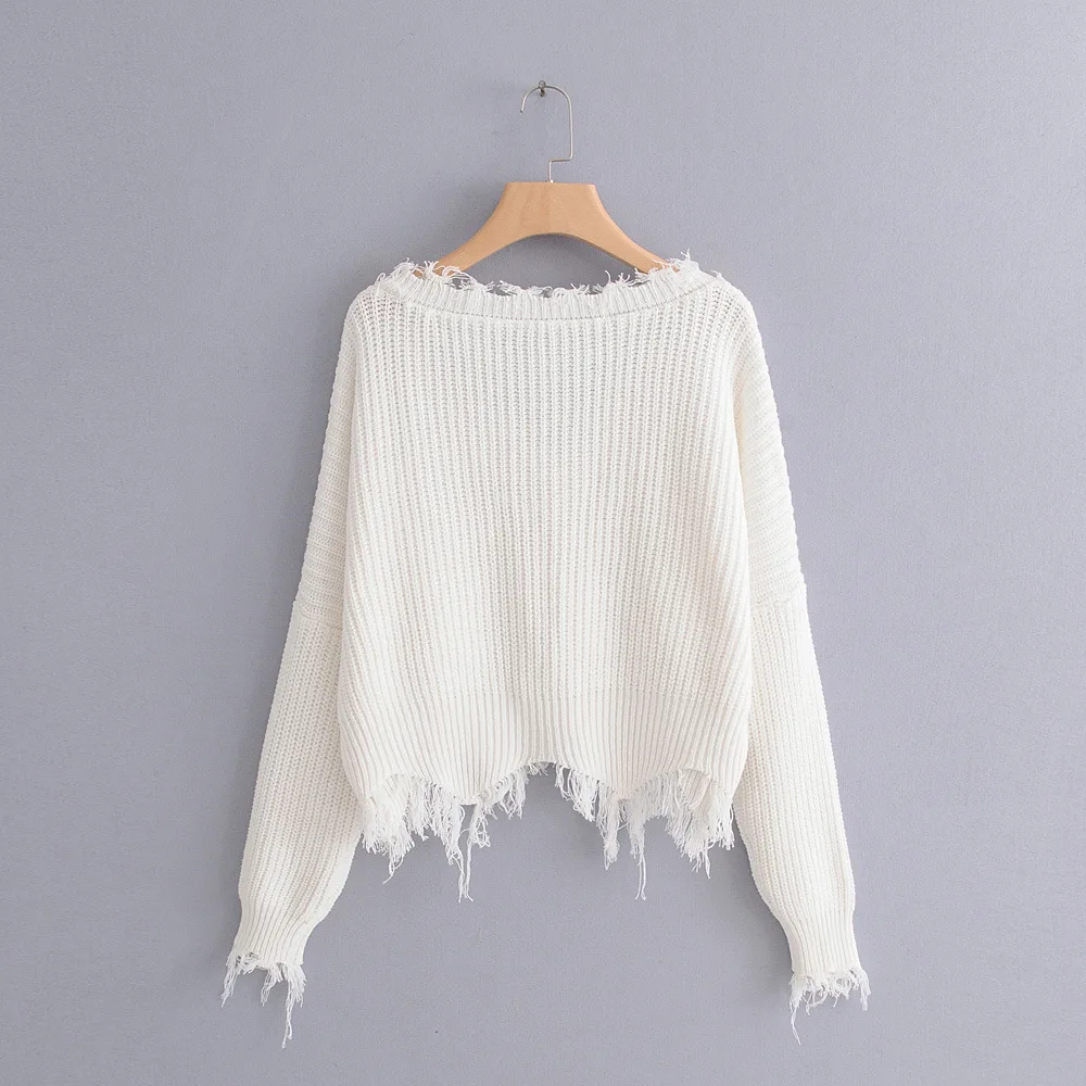 

V collar loose casual solid warm Sweater fringed tassel Sweet Knitted wear women's free size pullover f4157