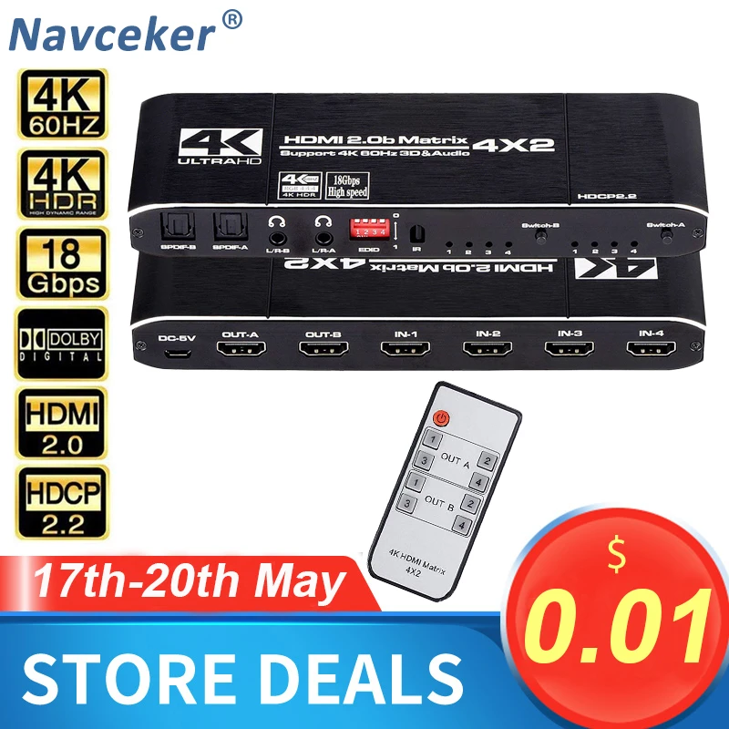 HDMI матрица Navceker 18 5 Гбит/с 4x2 4K @ 60 Гц переключатель сплиттер с SPDIF и L/R 3 мм HDR