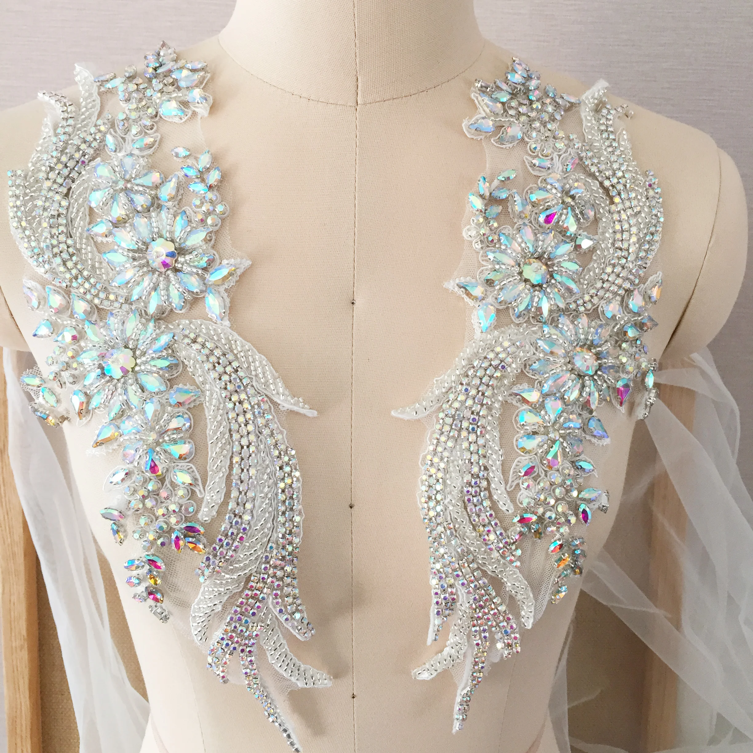 

1 Pair Delicate Phoenix AB Rhinestone Beaded Applique Crystal Bridal Gown Bodice Cape Couture Crystal Applique
