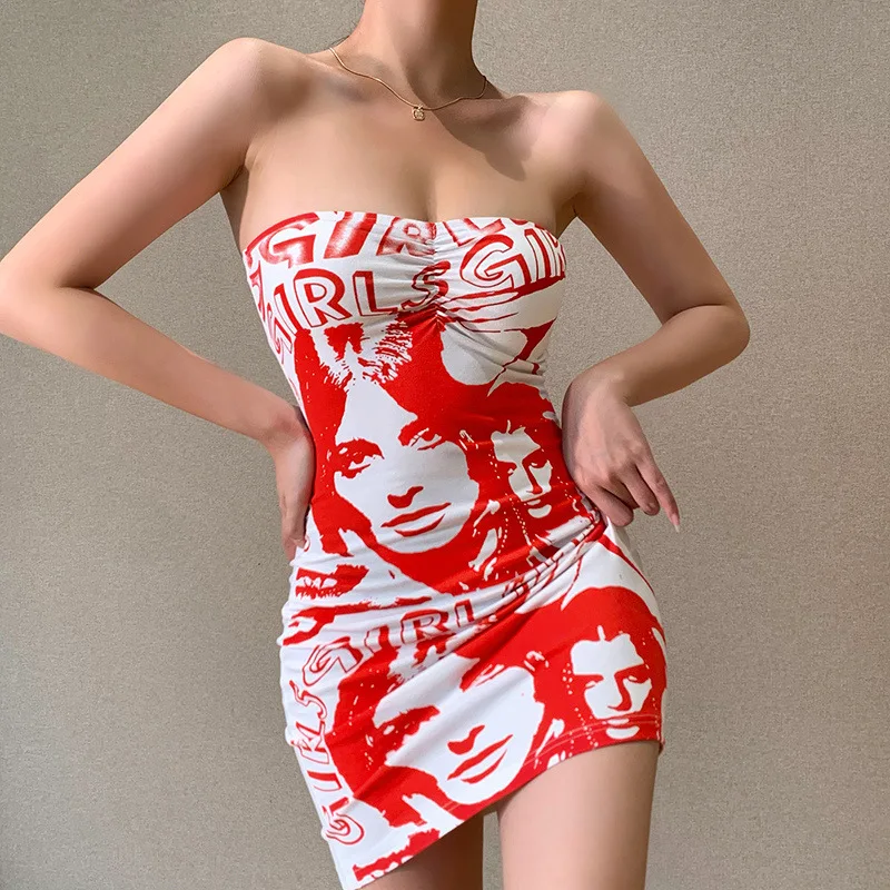 

Y2K Print Mini Dress 2021 Summer Sexy Strapless Backless Bodycon Dresses Women Club Party Dress Sleeveless Harajuku Streetwear