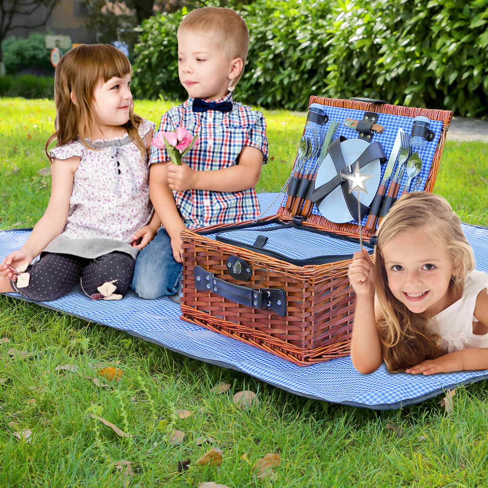 

Picnic Basket Set Handmade Wicker Picnic Basket for 4 Person with Waterproof Picnic Blanket Hamper Set with Cutlery for Camping