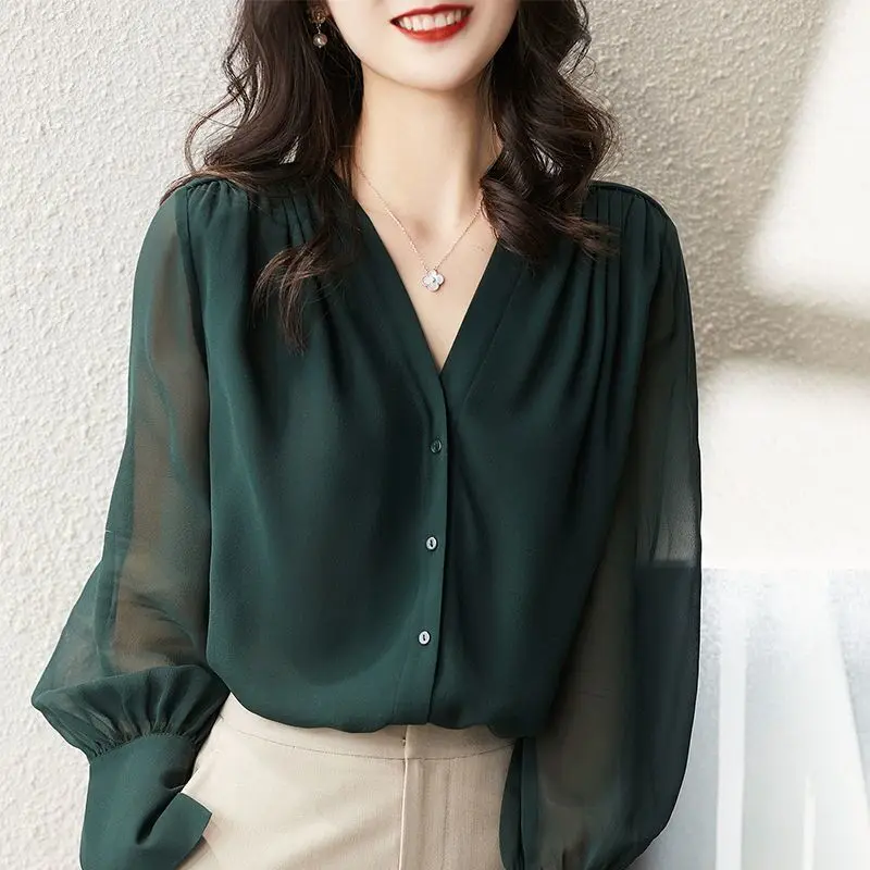 

2021 French Casual Solid Women Tops Elegant Loose Blouse Women Long Sleeve Shirt V-neck Button Up Top Blusas Silk Cardigan