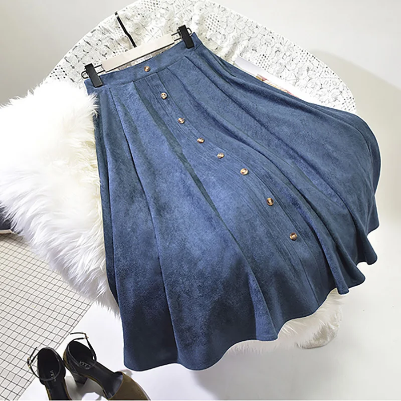 Navy Blue Qiuxuan/Женская длинная юбка из искусственной замши г. Осенне-зимняя модная эластичная Юбка-миди с высокой талией на пуговицах повседневные юбки для девочек - Цвет: Navy Blue