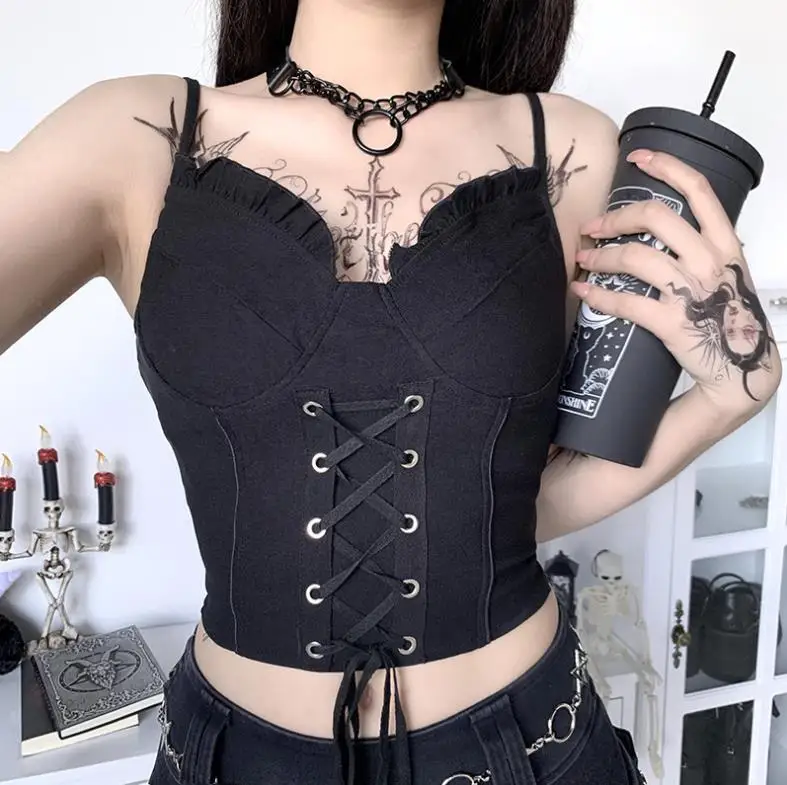 

Gothic Bandage Black Camis Vintage Sexy Spaghetti Strap Backless Tank Top Dark Goth Women Sleeveless Bodycon Crop Top