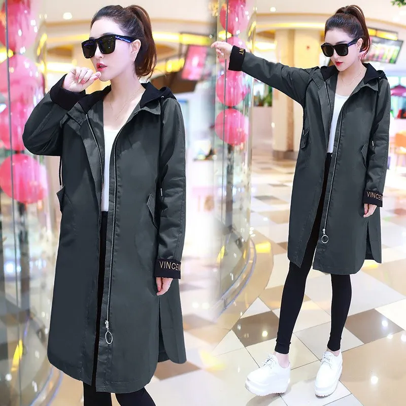 Женский плащ с капюшоном повседневное пальто средней длины цвета хаки