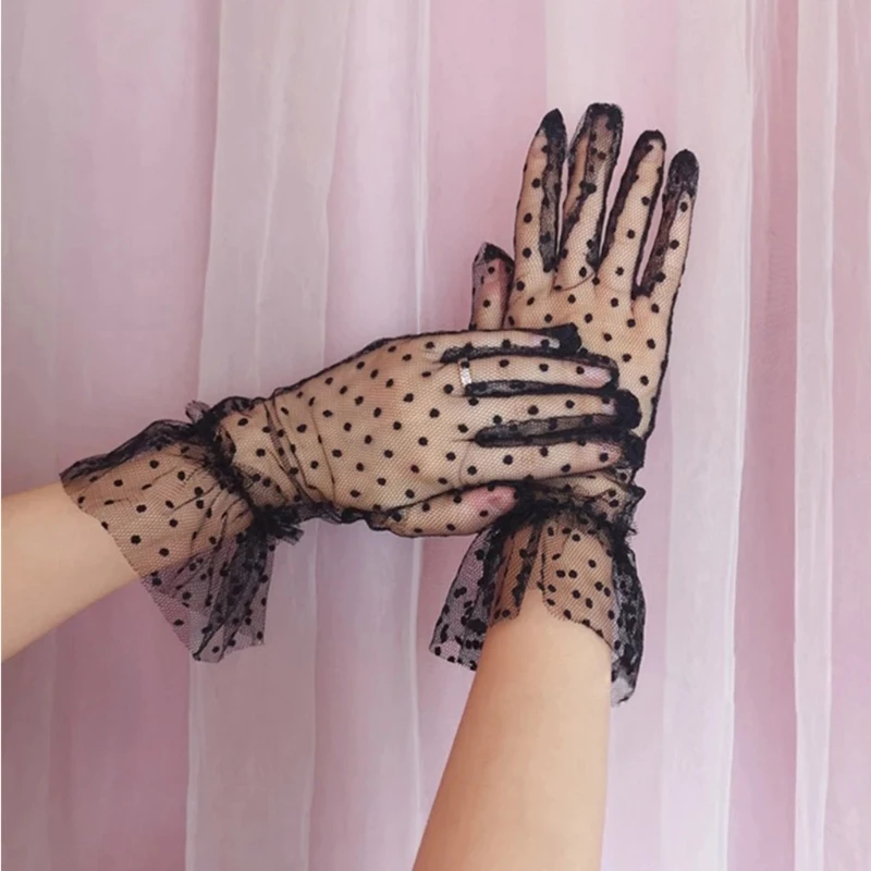 

Women Sheer Lace Short Tulle Full Finger Gloves Vintage Polka Dot Ruffled Trim Sunscreen Mesh Wedding Prom Evening Tea Party Ope