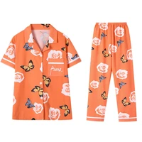 2021 new spring summer ladies pajamas short sleeved trousers imitation cotton cardigan korean sweet loose home service suit