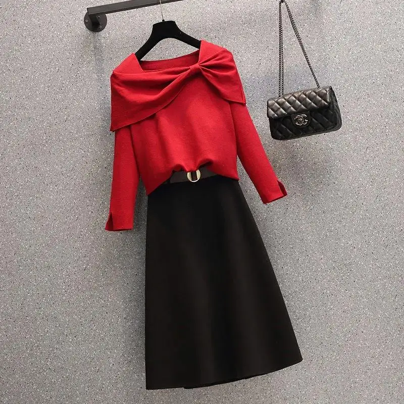 

Новинка, милый свитер с бантом, юбка, костюмы, Осень-зима, новый пуловер с квадратным воротником и вязаная кофта + черная трапециевидная юбка,...