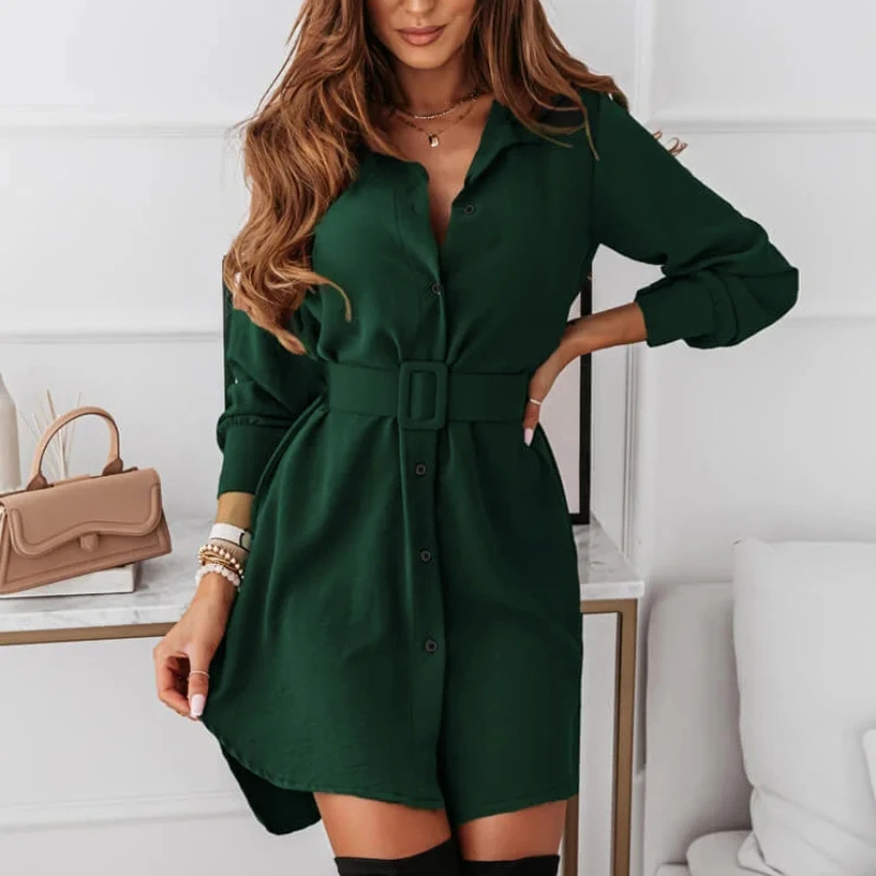 

Платье женское с длинным рукавом, Повседневная Туника-трапеция с отложным воротником, свободная рубашка на пуговицах, асимметричное платье...