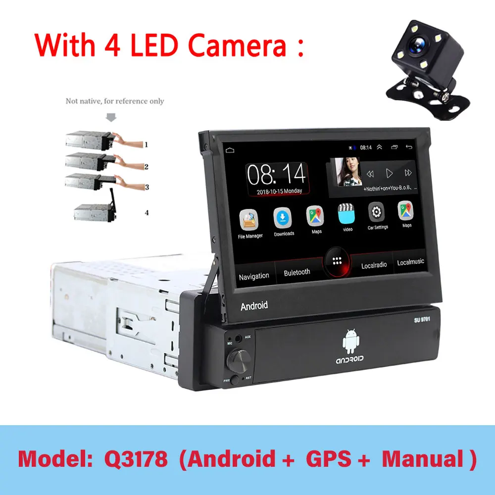 Q3178 4led Camera LeeKooLuu 1 Din Android 7,1 Автомагнитола с авто выдвижным экраном универсальное радио Bluetooth Wifi Mirrorlink gps Автомобильный мультимедийный - Color: Q3178 4led Camera