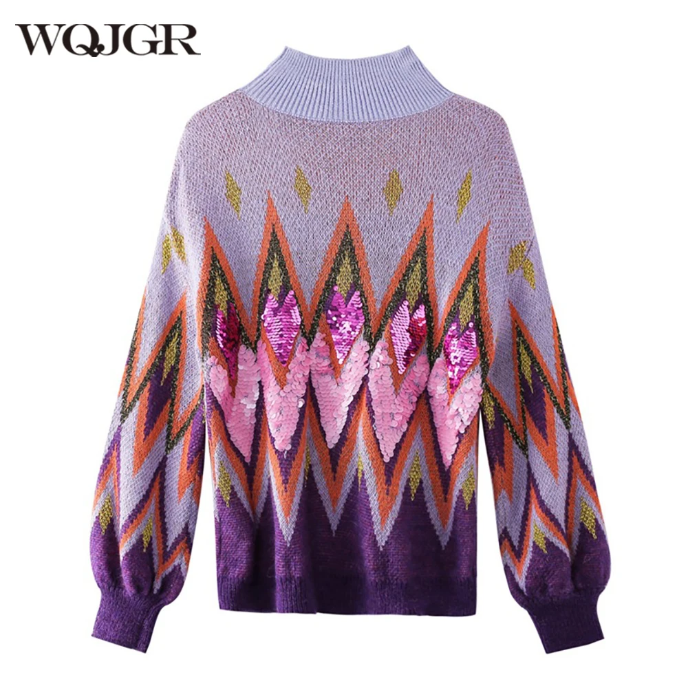 

WQJGR Autumn Winter 2022 Long Sleeve Pullover Sweater Women O-neck Collar Sequin Geometric Rhom Top Loose Korean Woman's Sweater