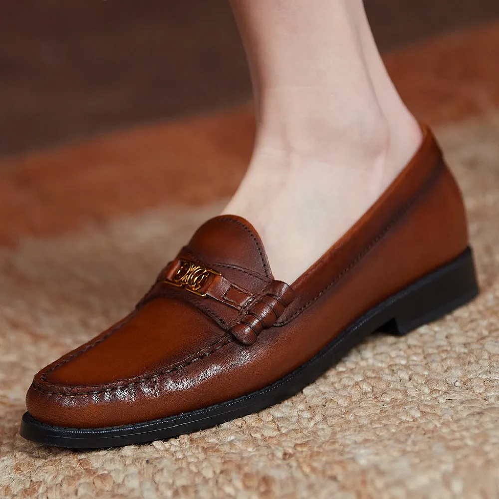 

Women's genuine leather gradient color slip-on flats loafers leisure soft comfortable round toe metal decoration casual shoes