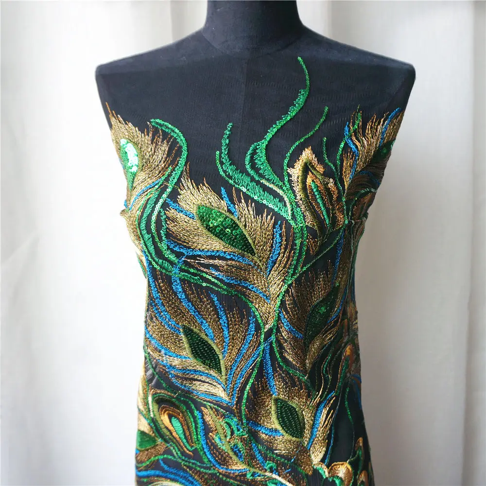130 см зеленый павлин перо Феникс кружево ткань черная сетка вышитое платье