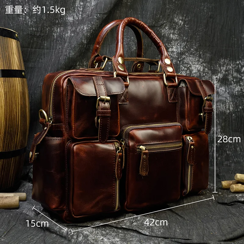 Винтажный Мужской портфель из натуральной кожи 16 дюймов, большая яловая деловая сумка для ноутбука, Повседневная многофункциональная сумка-мессенджер из коровьей кожи