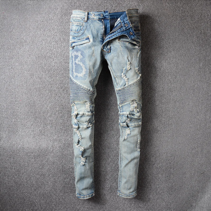 

2021 Streetwear Men Jeans Retro Blue Destroyed Ripped Jeans Men Hip Hop Pants Embroidery Spliced Designer Biker Jeans Homme