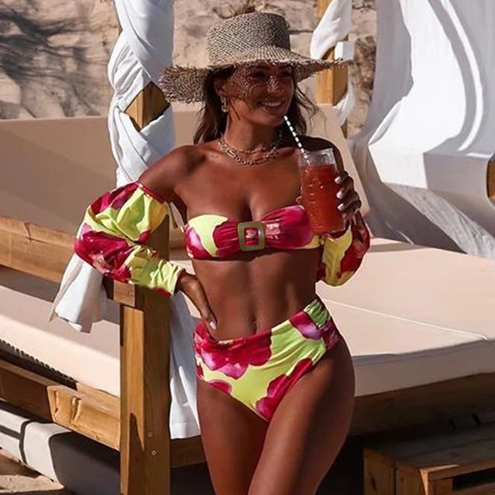 Бикини с высокой талией новинка 2021 купальник длинным рукавом открытыми плечами