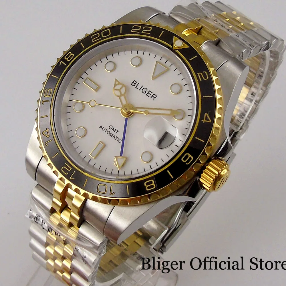 

Luxury BLIGER Brand Automatic Men Watch GMT Date Indicator Screw Down Crown Rotating Bezel Two Tone Jubilee Strap