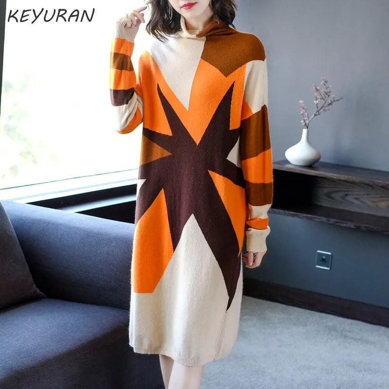 Винтажное Женское зимнее платье-свитер с высоким воротом женское элегантное