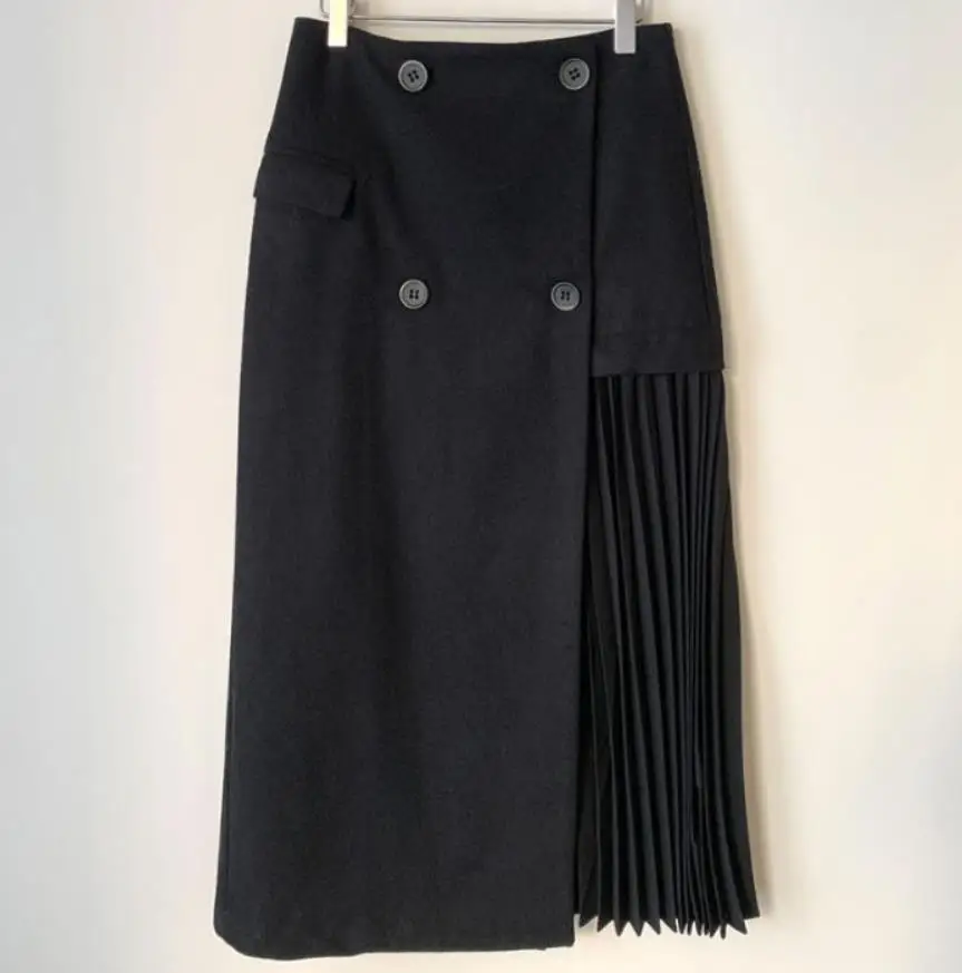 

French style elegant double breasted pleated stitching skirt women double breasted ol mid calf skirt