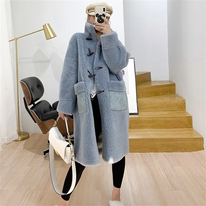 Меховое пальто 2019 Женское зимнее свободное шерстяное с широкой талией воротник