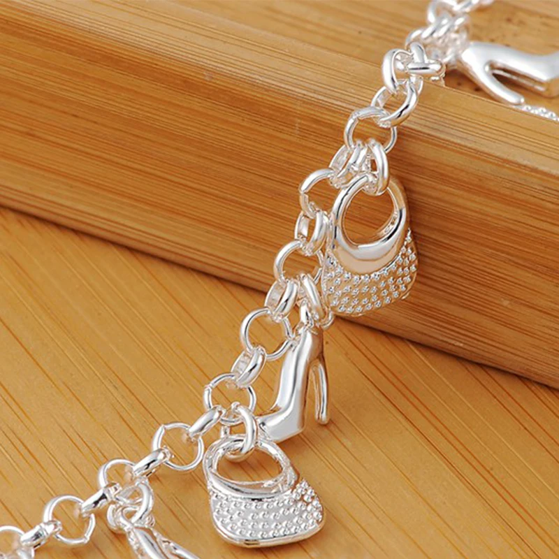 

Hot Sale 925 Sterling Silver Cuff High-heeled Shoes Bag Fashion Bracelets for Women Charm Exquisite Bracelet Party Jewelry Gift