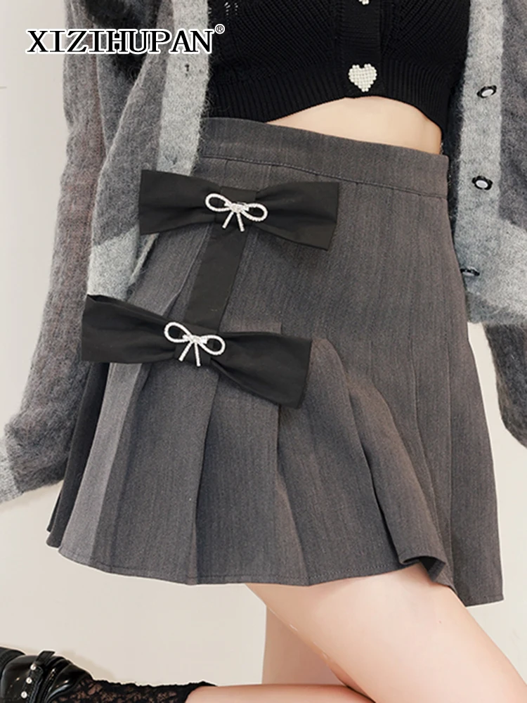 

XIZIHUPAN Elegant Patchwork Bowknot Mini Skirt For Women High Waist Fold Pleated A Line Solid Skirts Female Summer Clothing New