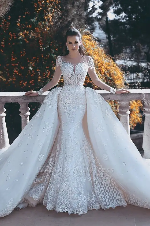 Robe De Mariee 2020Gorgeous Lace Wedding Dress Detachable Train Illusion Long Sleeve Mermaid Wedding Gowns robe de mariee