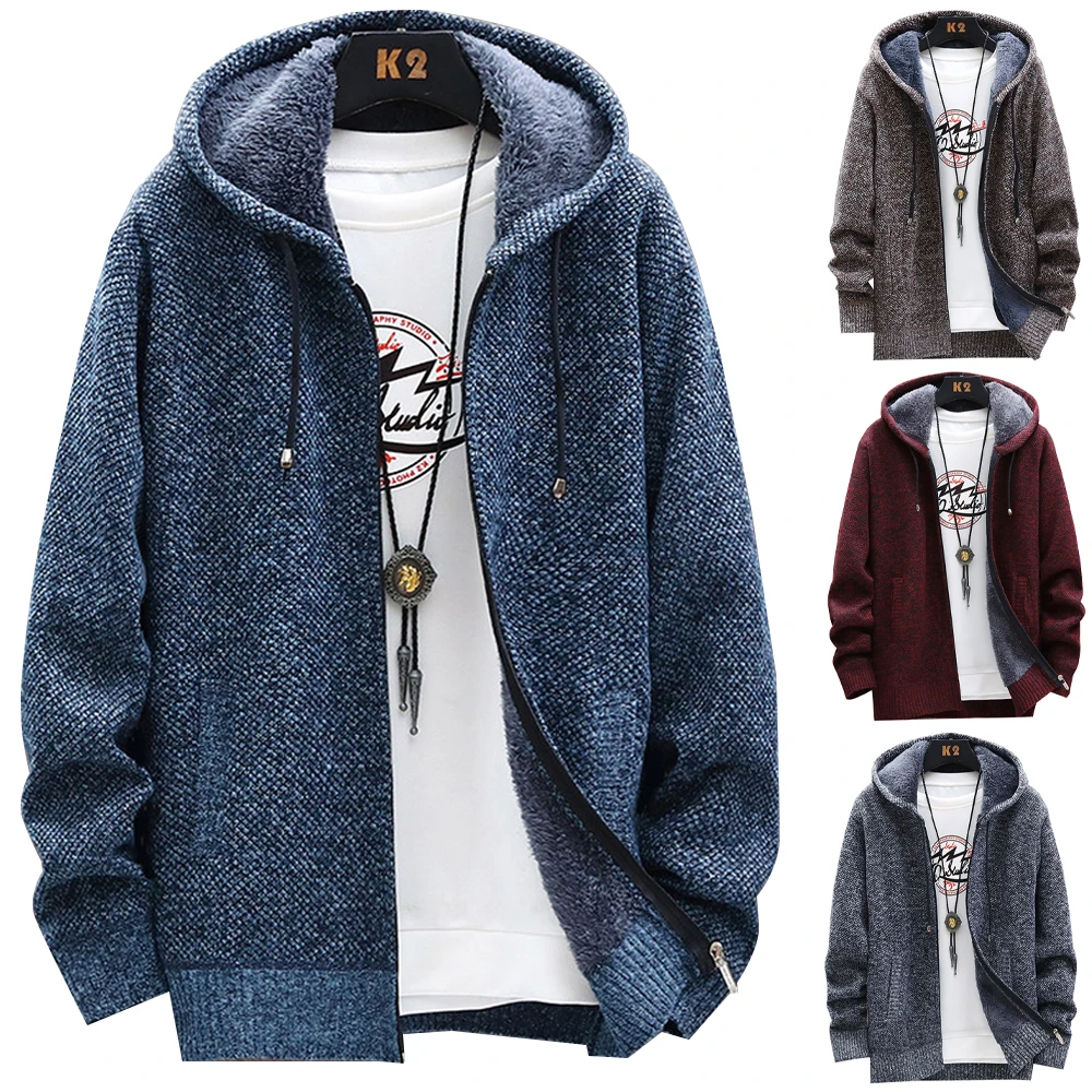 

Winter Coat Men Plus Velvet Hooded Knitted Top Zipper Casual Coat Men's Clothing Solid Sweater Jacket Warm Loose Coat Male